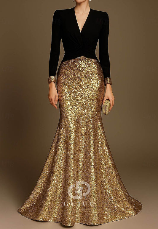 Trumpet Floor Length Evening Dress V Neck Sequined with Glitter