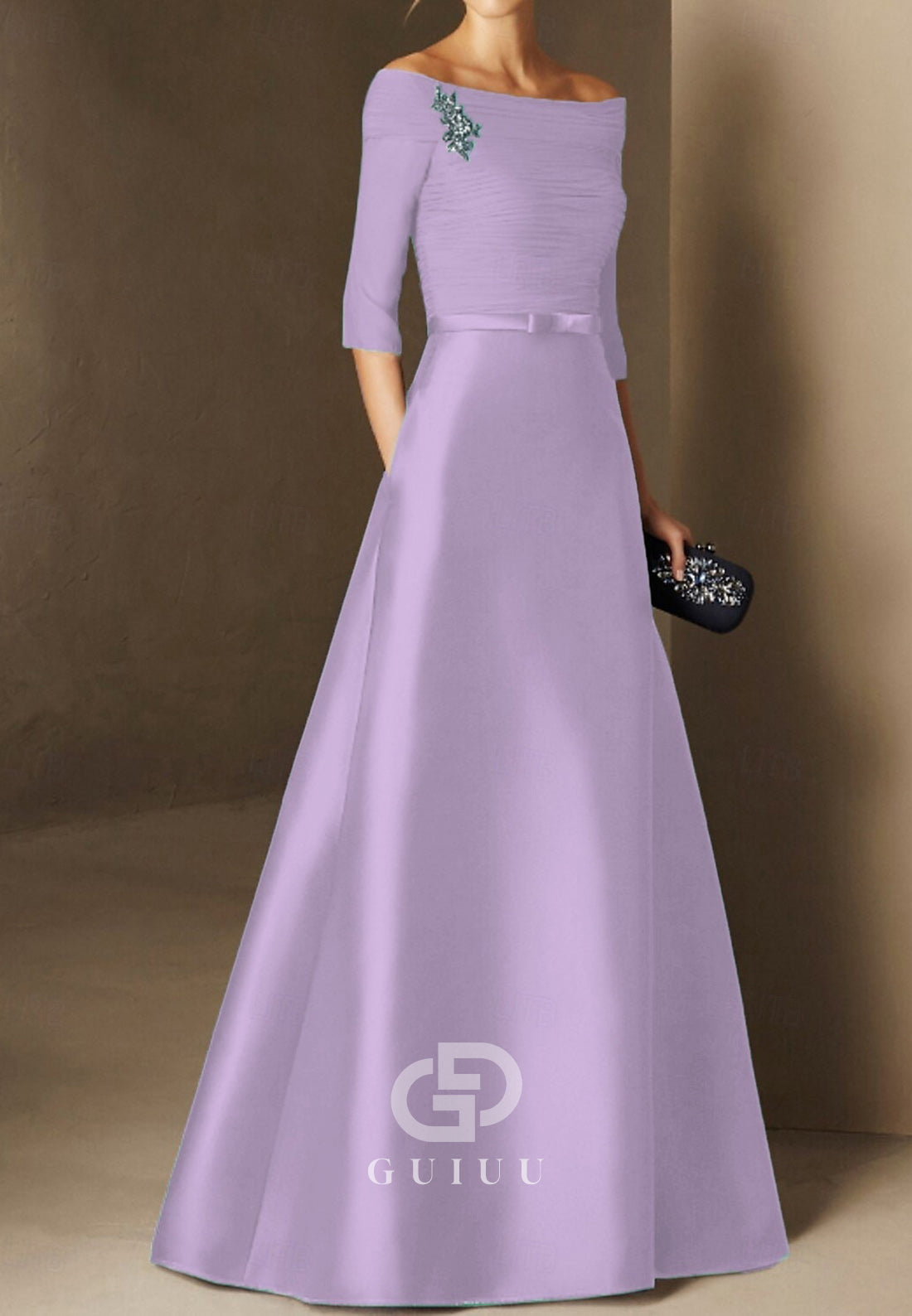 Half Sleeves Scoop Ruched A-Line Satin Mother of the Bride Dress