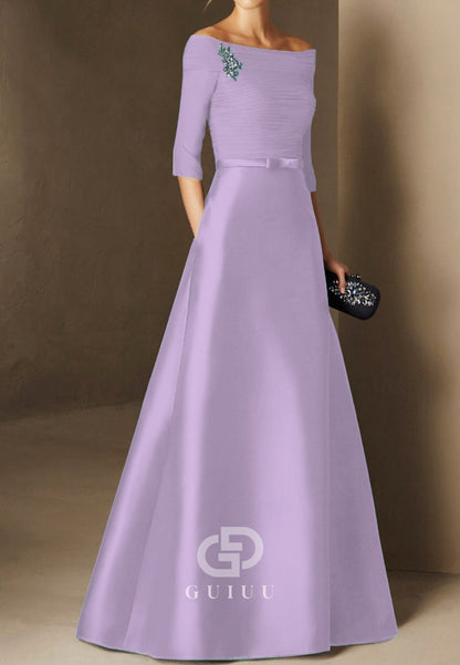 Half Sleeves Scoop Ruched A-Line Satin Mother of the Bride Dress