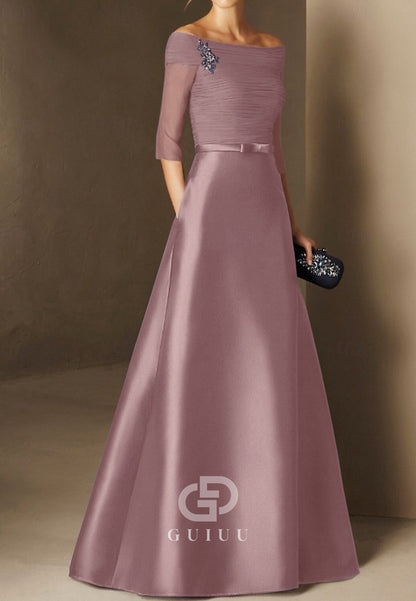 Half Sleeves Scoop Ruched A-Line Satin Mother of the Bride Dress