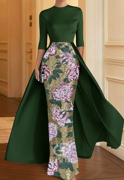 Elegant Sparkle Half Sleeve Crew Neck Formal Dress Satin Sequined with Slit