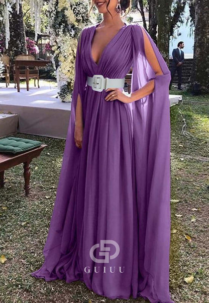 Simple A-Line Cap Sleeves Deep V-Neck Empire-Waist Evening Formal Dress