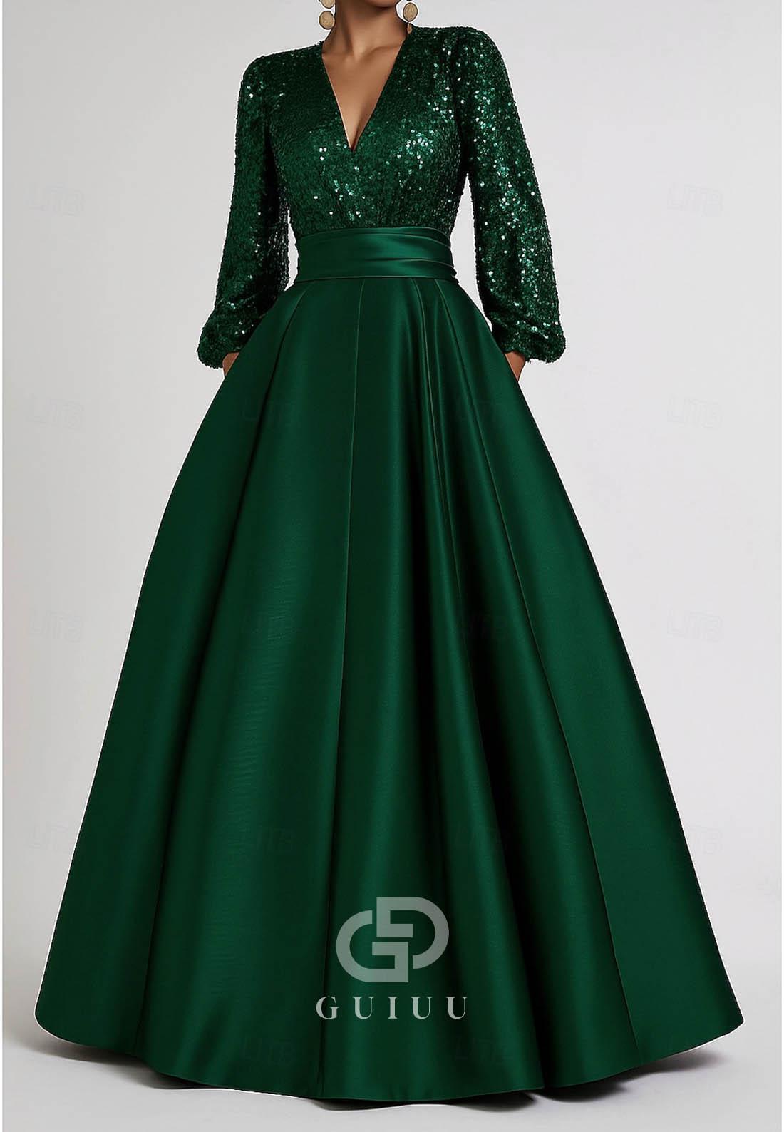 A-Line Floor Length Evening Gown Satin Sequined with Glitter Pleats Pocket