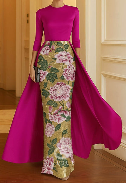 Elegant Sparkle Half Sleeve Crew Neck Formal Dress Satin Sequined with Slit