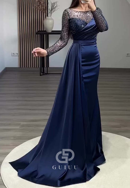 Sheath Long Sleeves Scoop Sequins Ruched Evening Dress