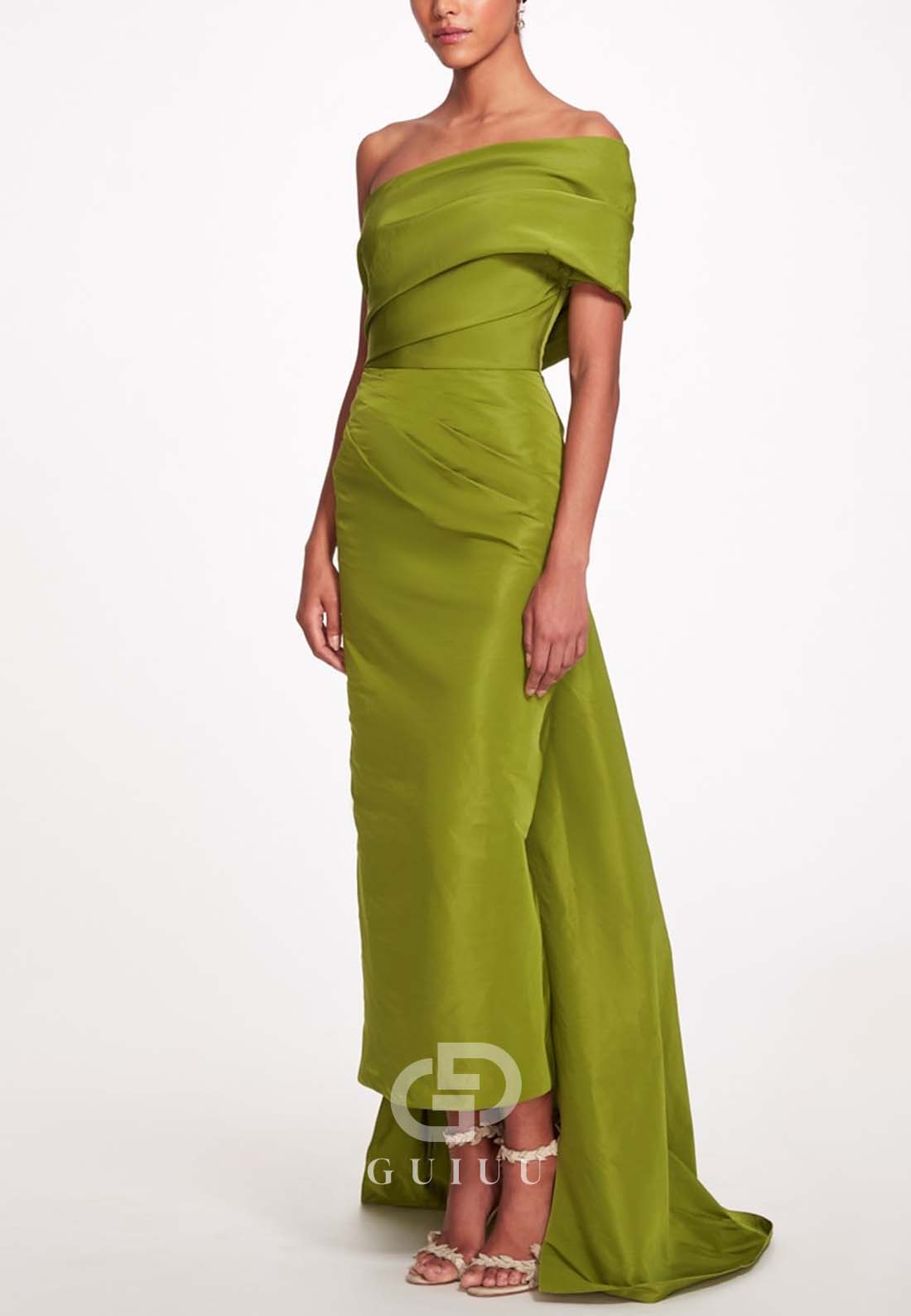 One Shoulder Cap Sleeve Ruched Floor-Length Evening Dress