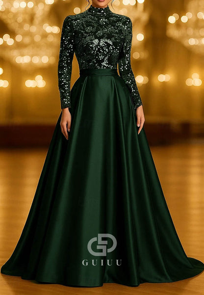 A-Line Evening Dress Long Sleeve High Neck Pocket Satin Velvet with Glitter