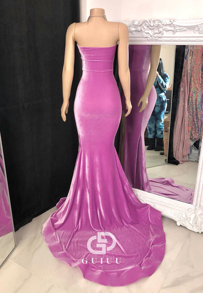 Velvet Pleats Sleeveless Strapless Mermaid Slit Prom Dress