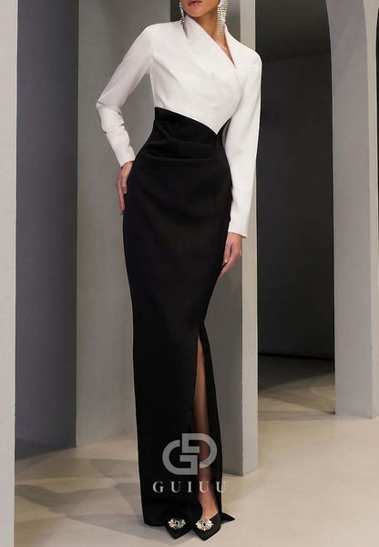Long Sleeves Sheath Empire-Waist Ruched Slit Evening Dress
