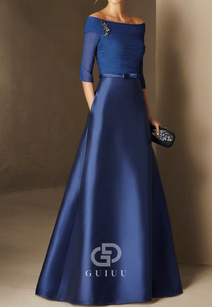 Half Sleeves Scoop Ruched A-Line Satin Mother of the Bride Dress
