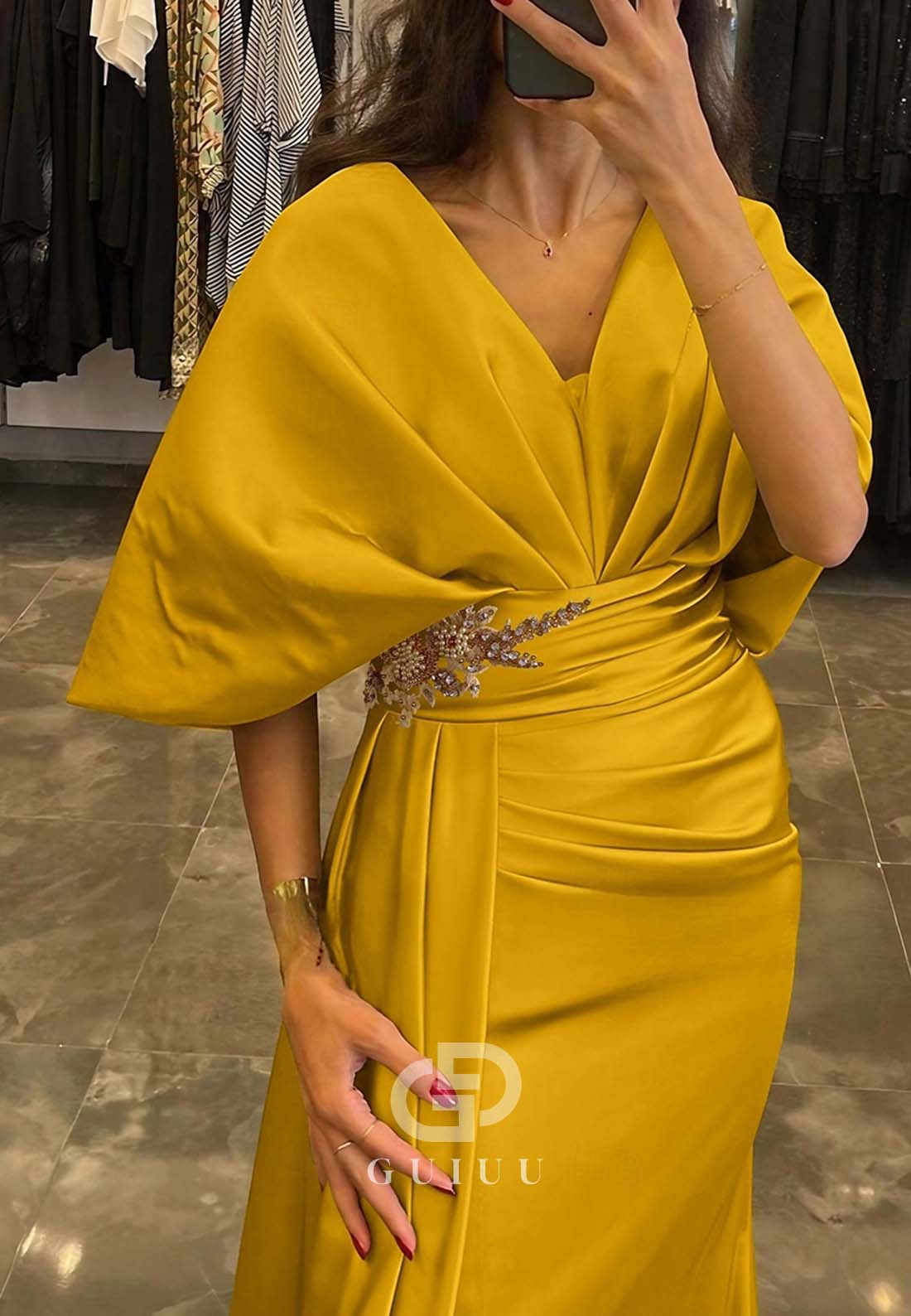 Sheath Cap Sleeves V-Neck Ruched Slit Evening Formal Dress