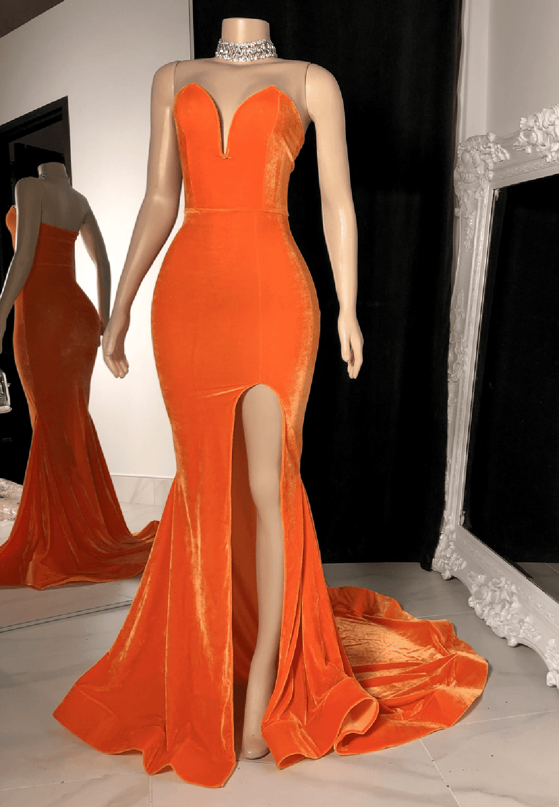 Velvet Pleats Sleeveless Strapless Mermaid Slit Prom Dress