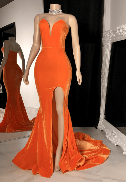 Velvet Pleats Sleeveless Strapless Mermaid Slit Prom Dress