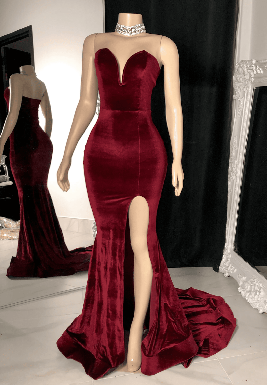 Velvet Pleats Sleeveless Strapless Mermaid Slit Prom Dress