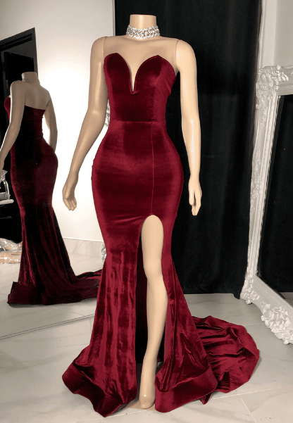 Velvet Pleats Sleeveless Strapless Mermaid Slit Prom Dress