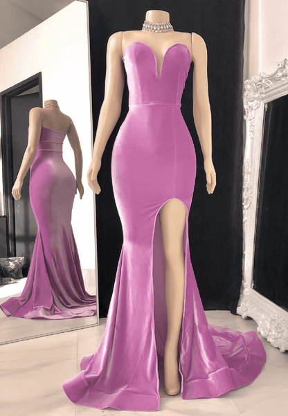 Velvet Pleats Sleeveless Strapless Mermaid Slit Prom Dress