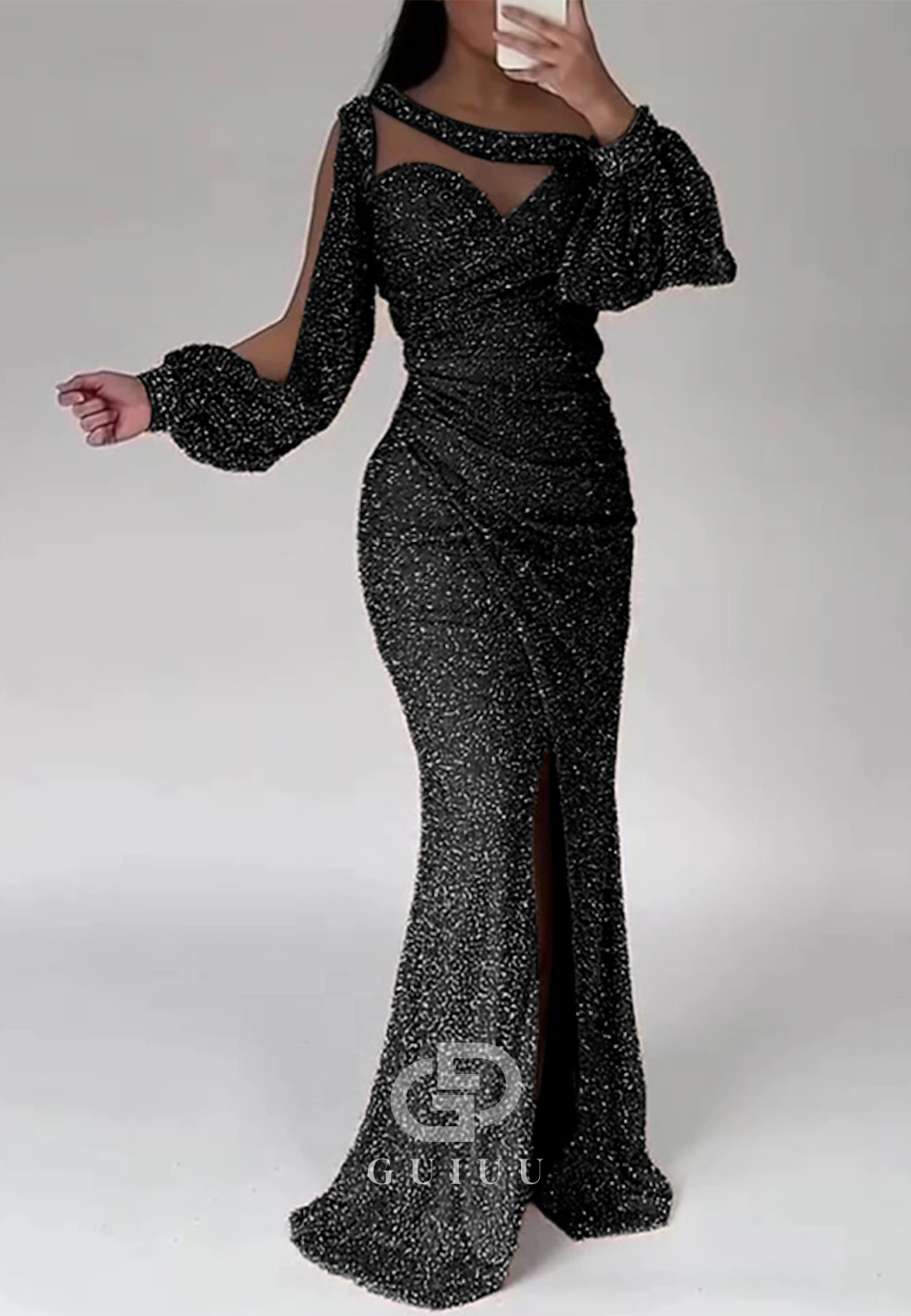 Asymmmetrical Long Sleeves Slit Sequins Floor-Length Evening Dress