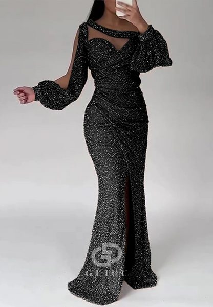 Asymmmetrical Long Sleeves Slit Sequins Floor-Length Evening Dress