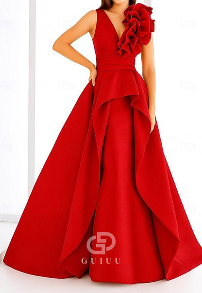 A-Line Spaghetti Straps V-Neck Floral Appliques Evening Dress