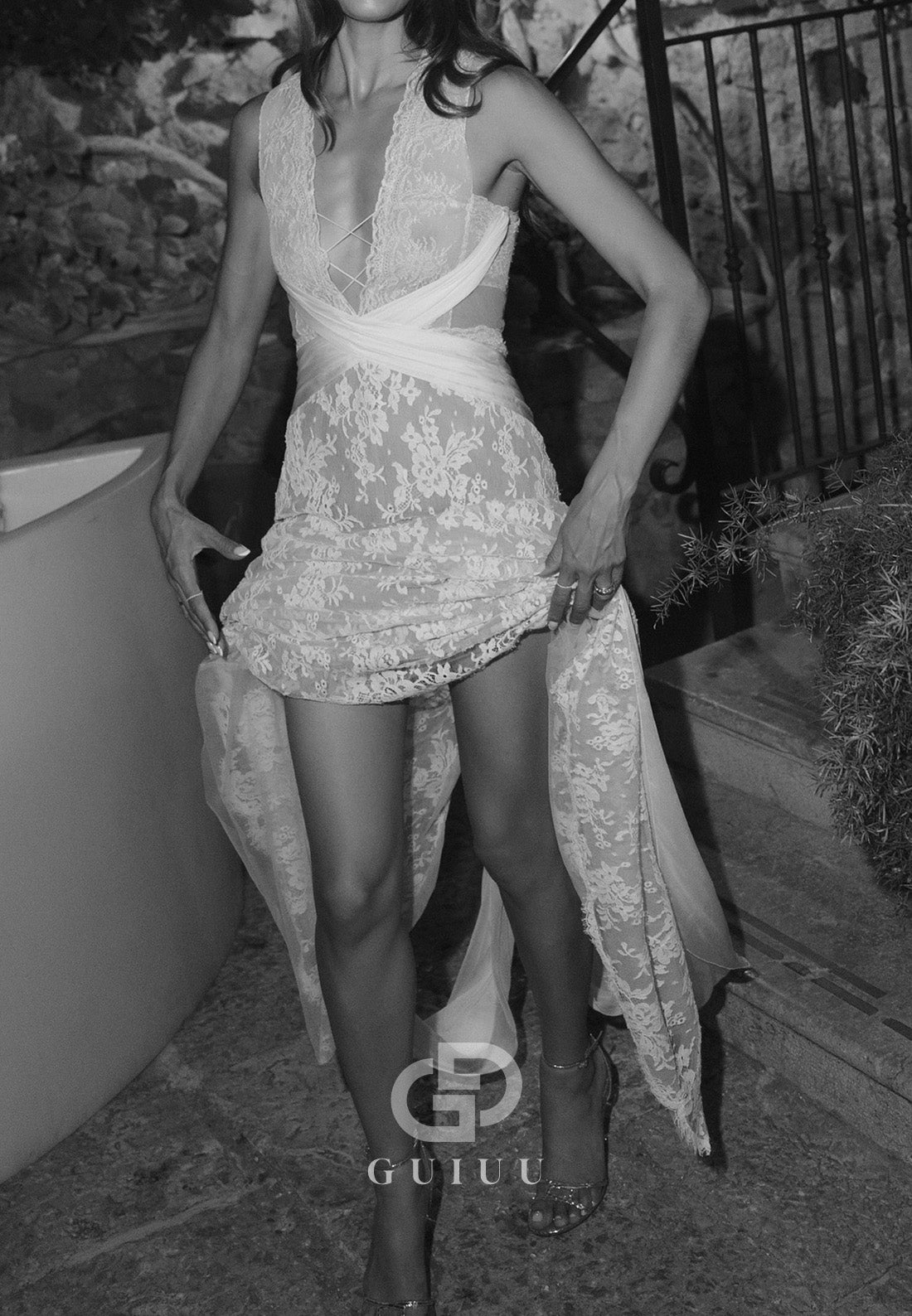 Simple Spaghetti Straps V-Neck Backless Lace Wedding Dress