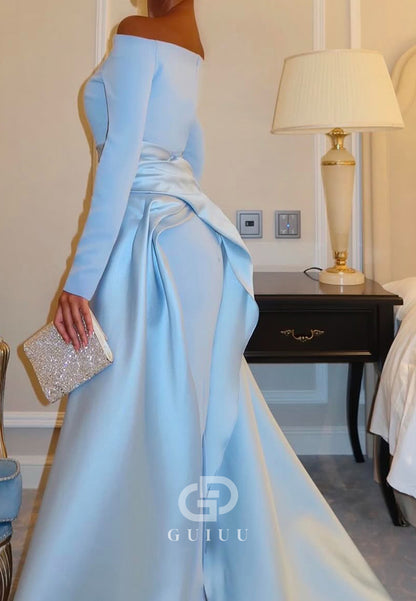 Sky Blue Long Sleeves Off-Shoulder Empire-Waist Evening Dress