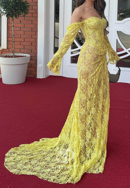 Daffodil Long Sleeves Sweetheart Lace Prom Dress