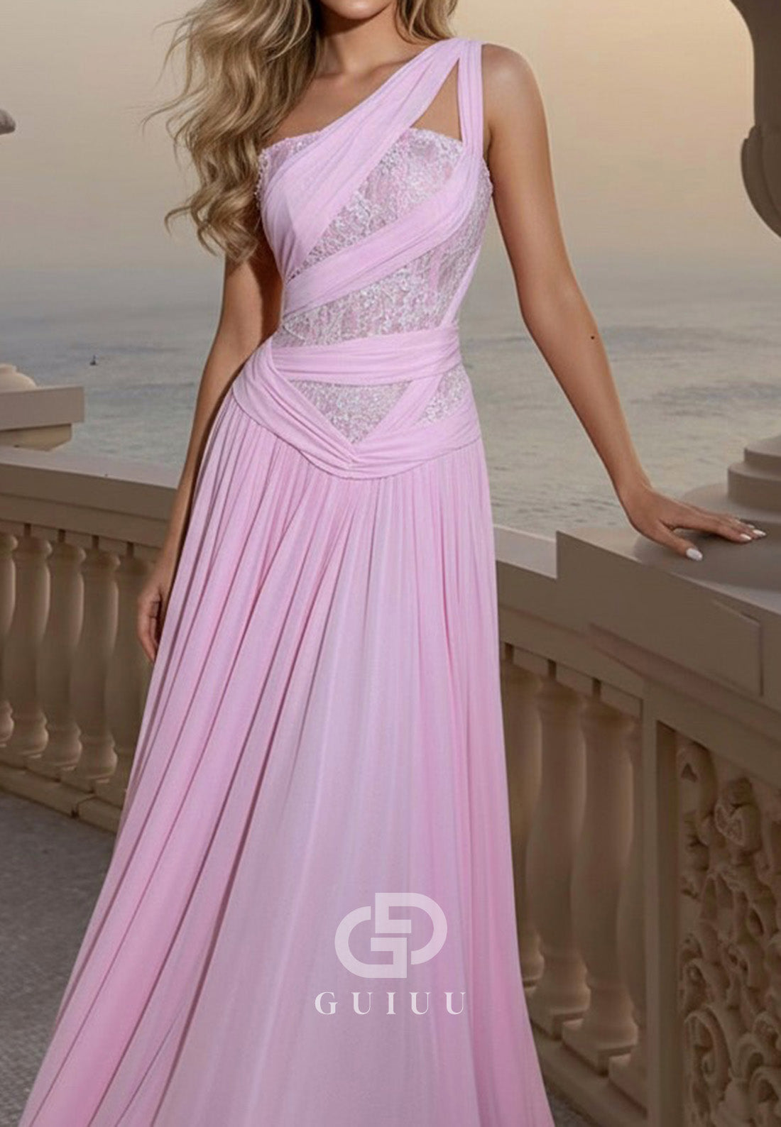 Blushing Pink One Shoulder Sleeveless A-Line Chiffon Prom Dress