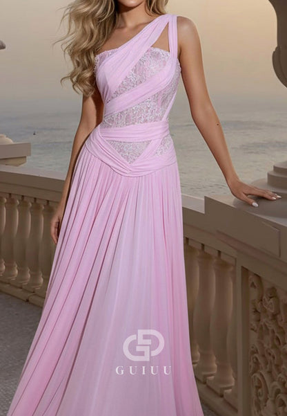 Blushing Pink One Shoulder Sleeveless A-Line Chiffon Prom Dress