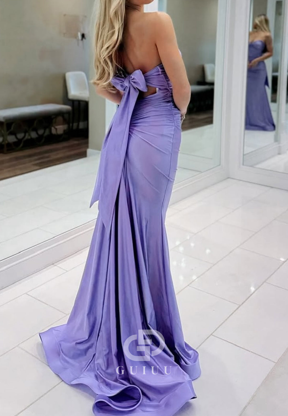 Lilac Sleeveless Strapless Ruched Bowknot Prom Dress