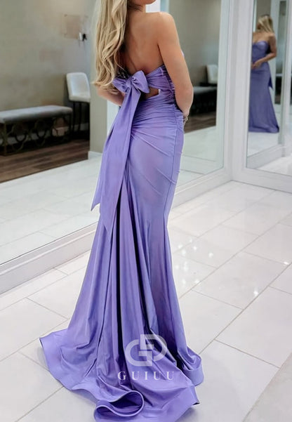Lilac Sleeveless Strapless Ruched Bowknot Prom Dress