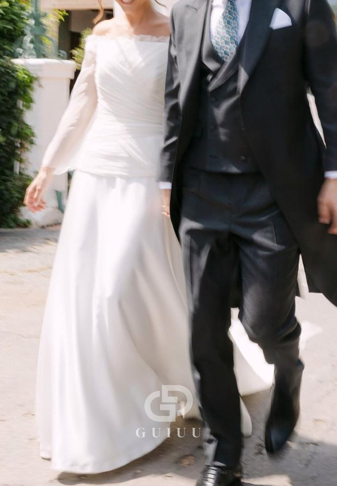 Simple Long Sleeves Off-Shoulder A-Line Sweep Train Wedding Dress