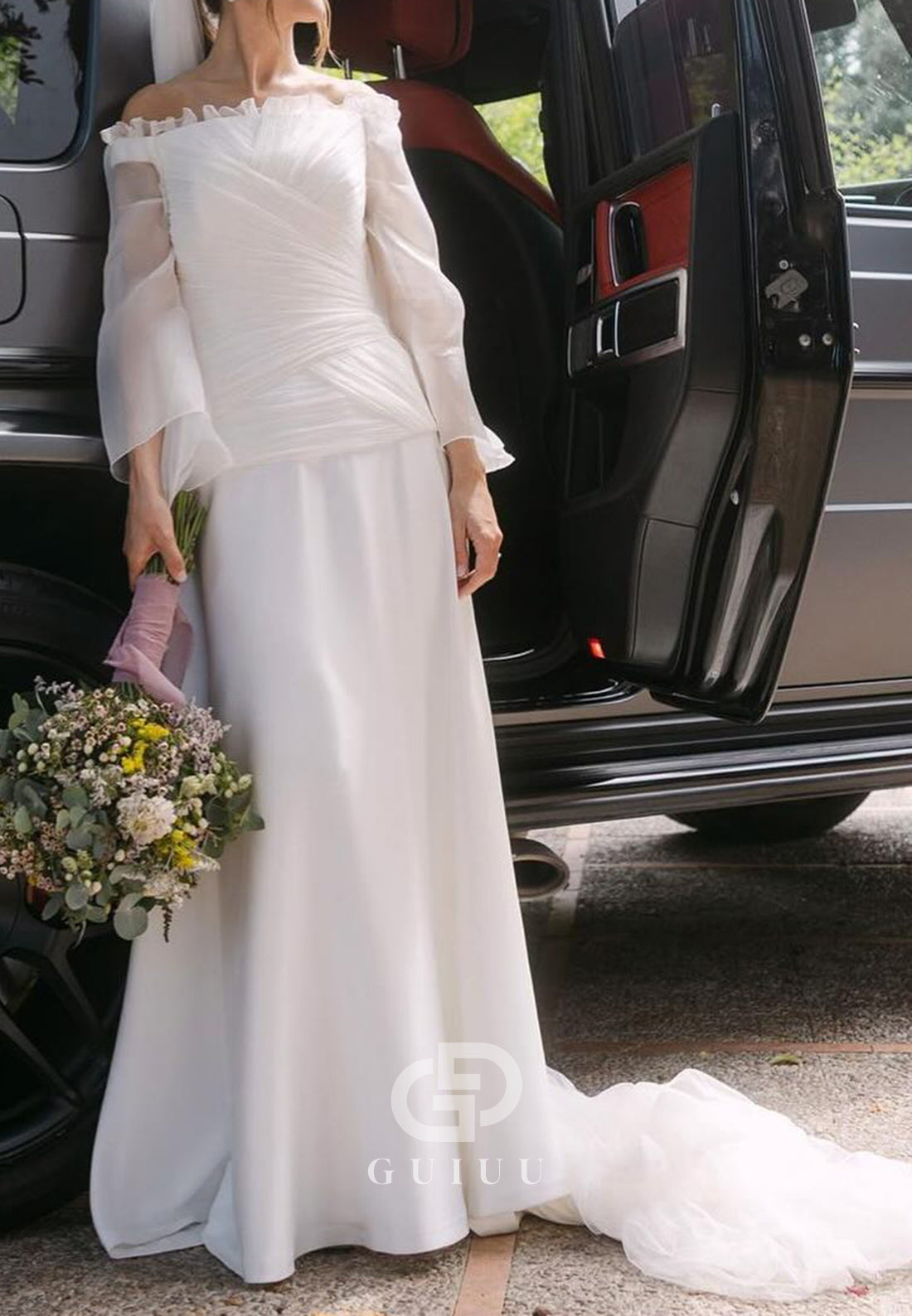 Simple Long Sleeves Off-Shoulder A-Line Sweep Train Wedding Dress