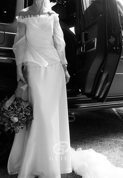 Simple Long Sleeves Off-Shoulder A-Line Sweep Train Wedding Dress