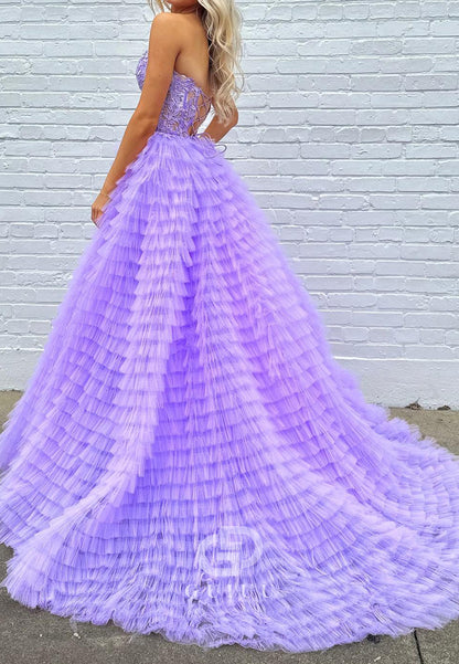 Lilac A-Line Sleeveless Sweetheart Ruffles Prom Dress