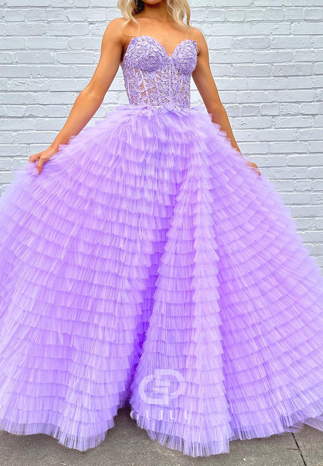 Lilac A-Line Sleeveless Sweetheart Ruffles Prom Dress