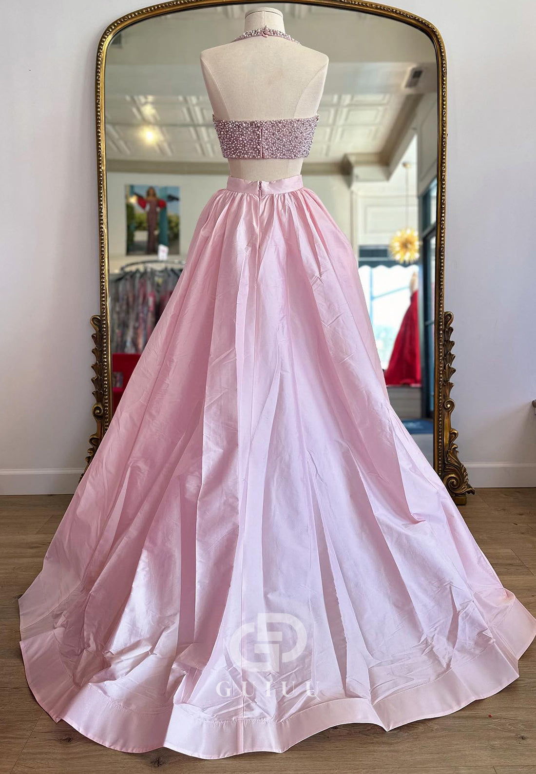 Blushing Pink Spaghetti Straps Square Pearls Prom Dress