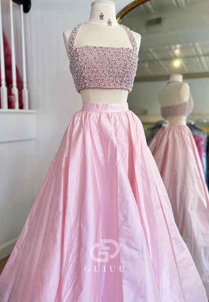 Blushing Pink Spaghetti Straps Square Pearls Prom Dress