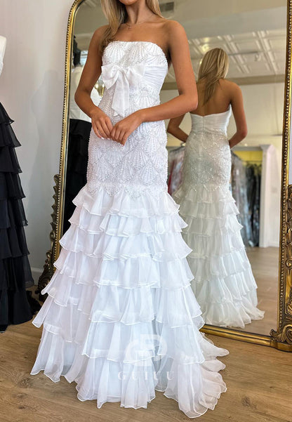 White Strapless Sleeveless Ruffles Bowknot Prom Dress