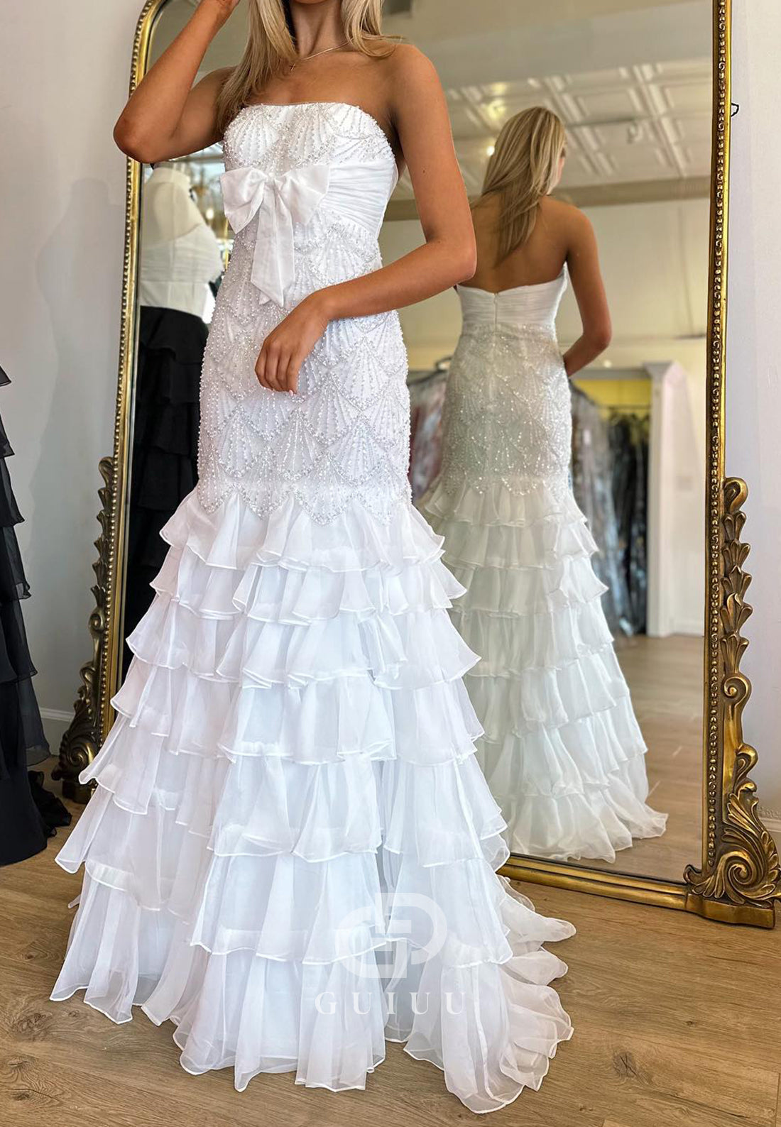 White Strapless Sleeveless Ruffles Bowknot Prom Dress