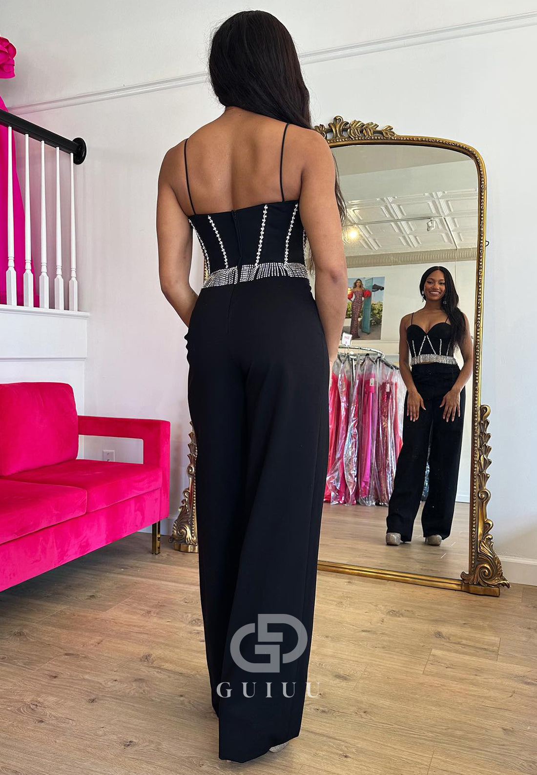 Black Spaghetti Straps Sweetheart Sequins Jumpsuit Prom Dress
