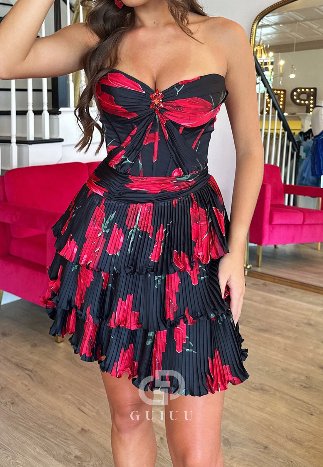 Black A-Line Strapless Sleeveless Printed Floral Short Homecoming Dress