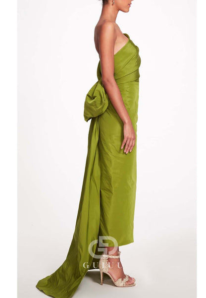 One Shoulder Cap Sleeve Ruched Floor-Length Evening Dress