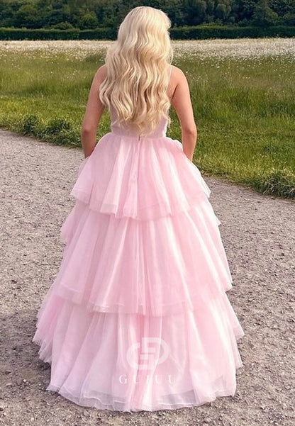 A-Line Spaghetrti Straps Sweetheart Ruffles Lace Prom Dress