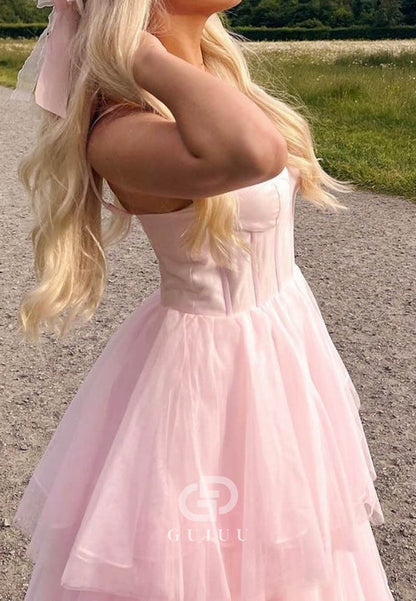 A-Line Spaghetrti Straps Sweetheart Ruffles Lace Prom Dress