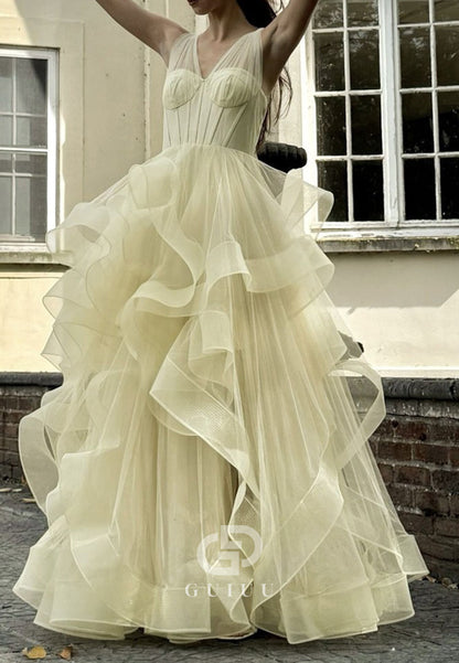 Daffodil A-Line Spaghetti Straps V-Neck Slit Ruffles Prom Dress