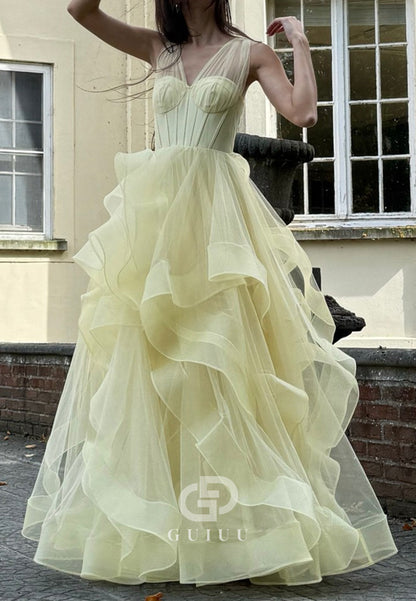 Daffodil A-Line Spaghetti Straps V-Neck Slit Ruffles Prom Dress