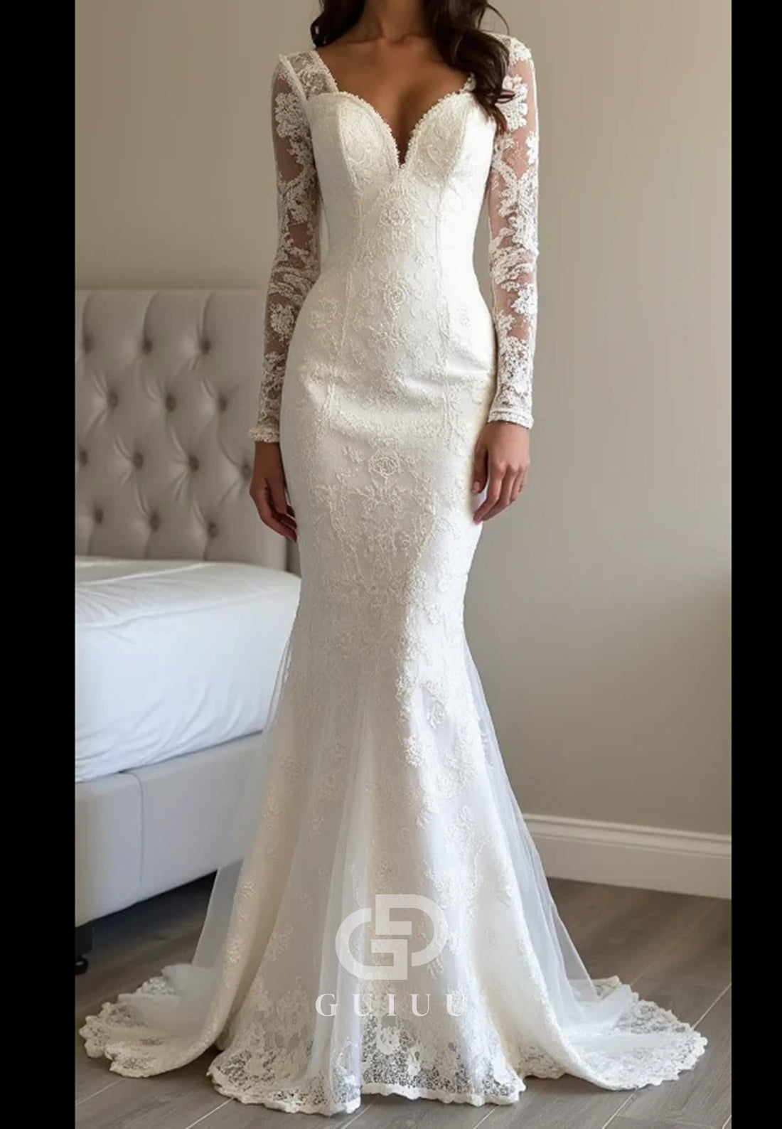 Elegant Long Sleeves Lace Mermaid Wedding Dress with Deep V-Back