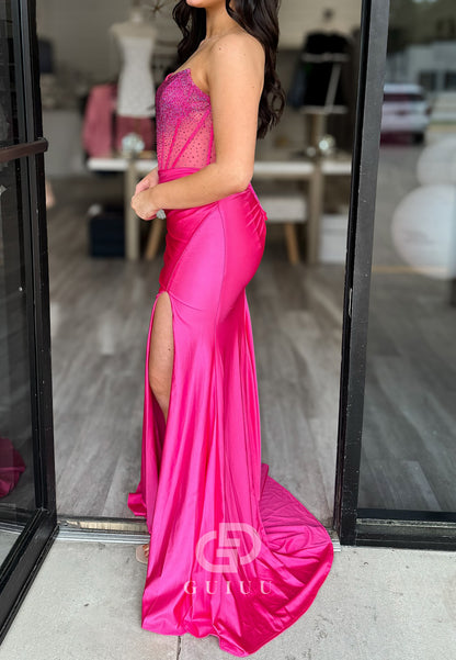 Candy Pink Sleeveless Strapless Sequins Corset Tulle Prom Dress