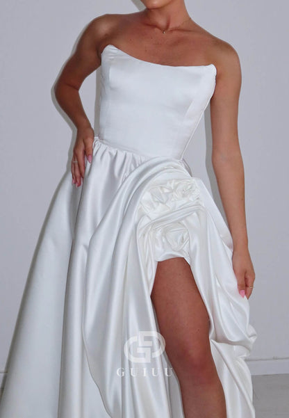 Simple Sleeveless Strapless Slit Ruched Satin Wedding Dress