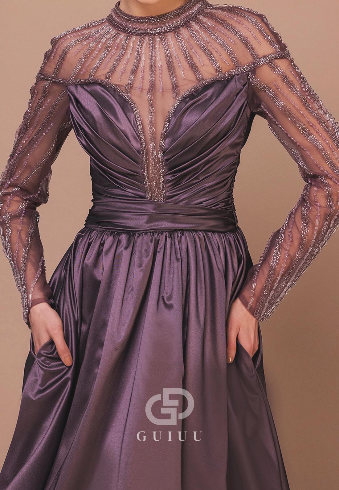 Tahiti A-Line Long Sleeves High Neck Empire-Waist Evening Dress